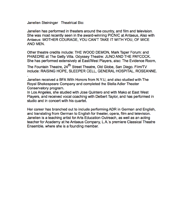 Janellen Steininger Theatrical BIO